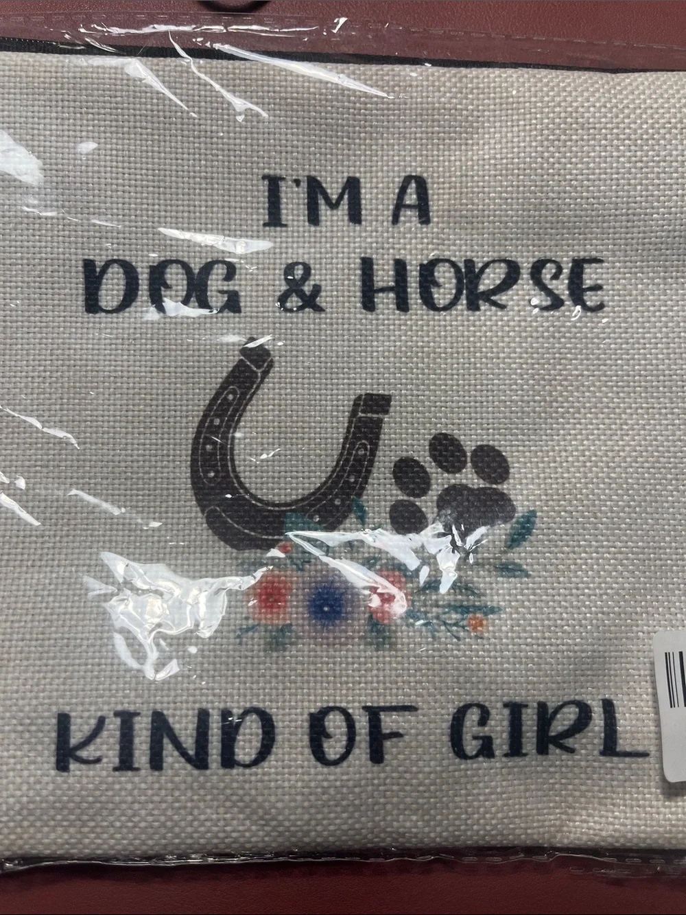 Beige Canvas Cosmetic Bag - Cute Paw & Horseshoe Design